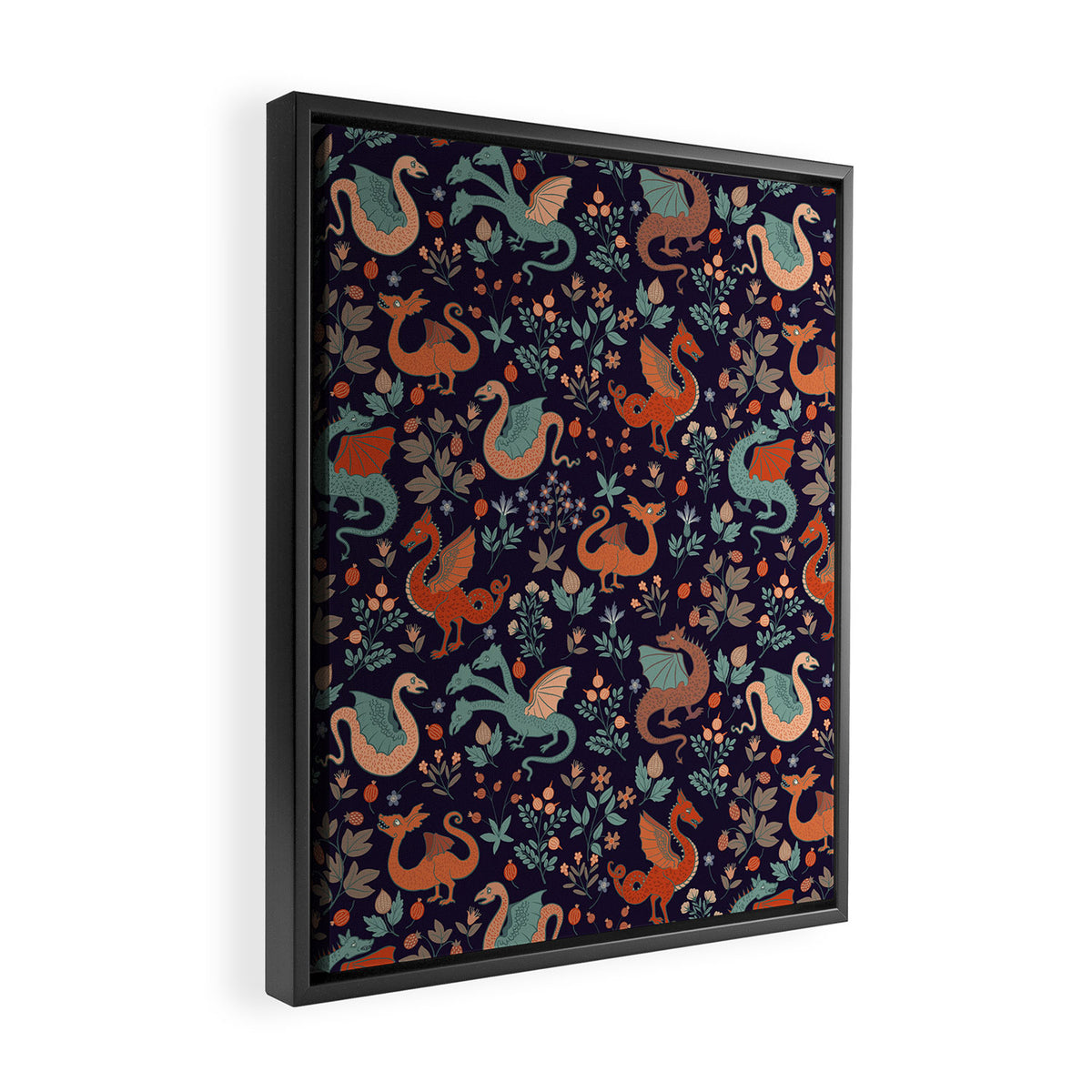 Dragons and Flowers Dark Purple Framed Canvas Print Gallery Image 2