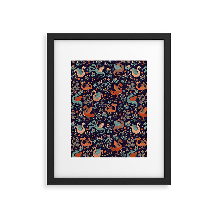 Dragons and Flowers Dark Purple Framed Art Print Gallery Image 1