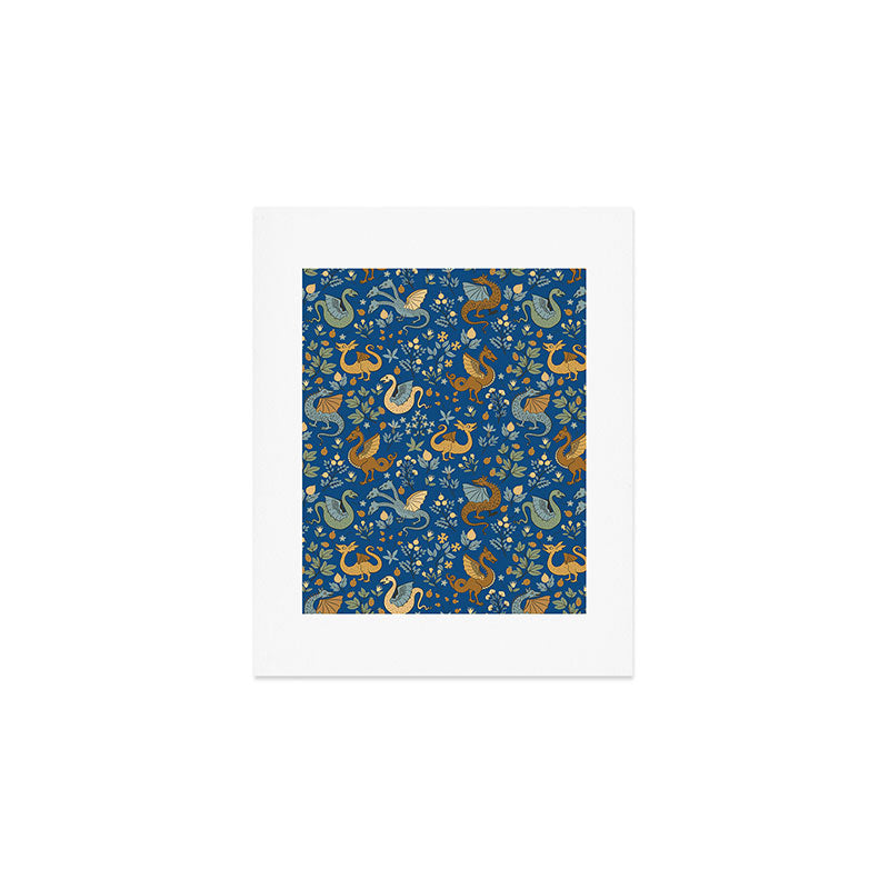 Dragons and Flowers on Classic Blue Art Print Gallery Image 1