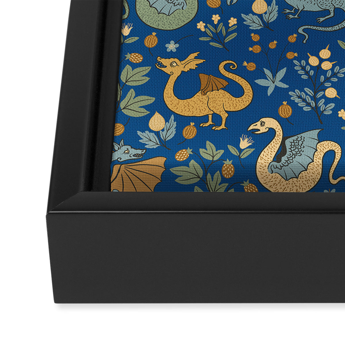 Dragons and Flowers on Classic Blue Framed Canvas Print Gallery Image 3