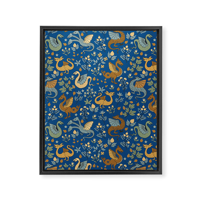 Dragons and Flowers on Classic Blue Framed Canvas Print Gallery Image 1