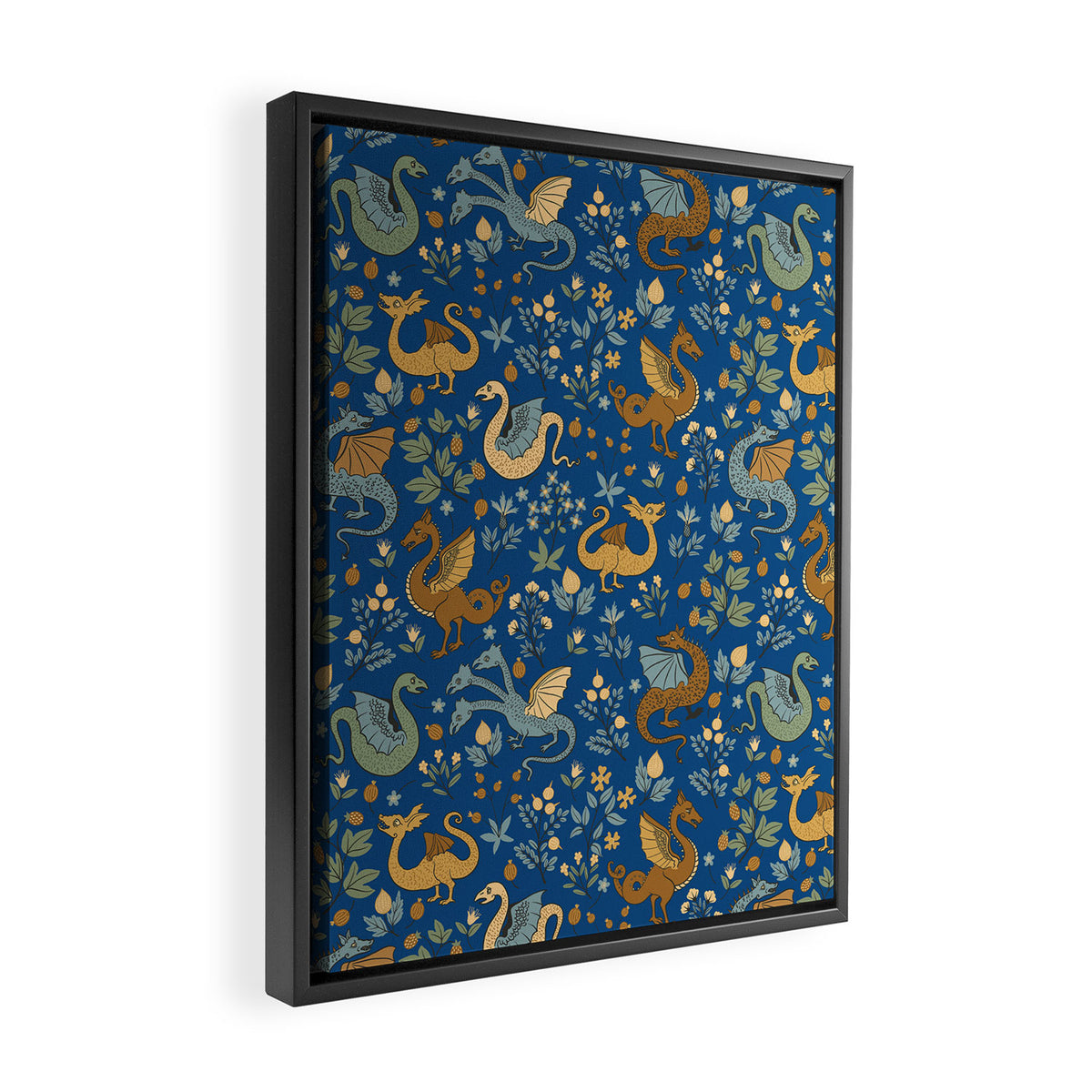 Dragons and Flowers on Classic Blue Framed Canvas Print Gallery Image 2