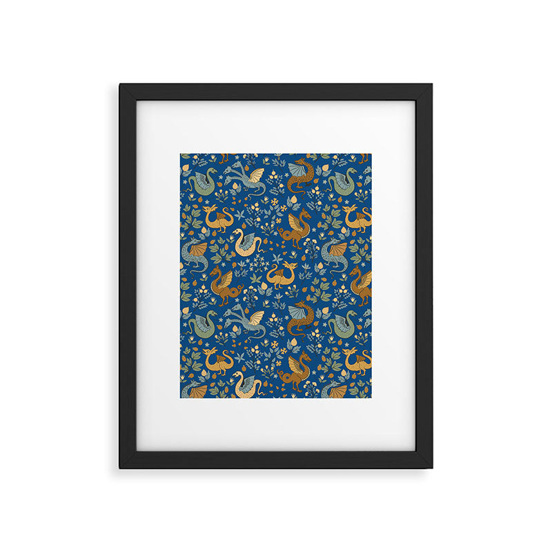 Dragons and Flowers on Classic Blue Framed Art Print Gallery Image 6