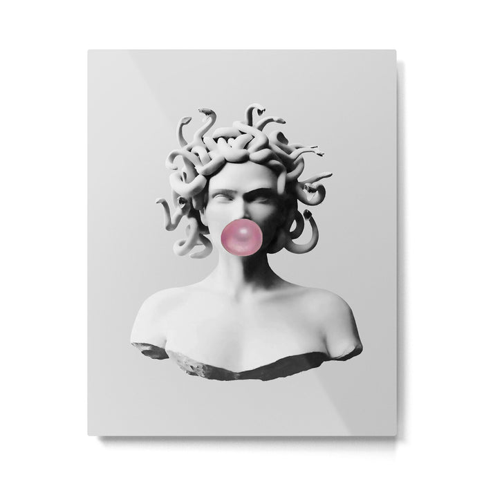 Medusa blowing pink bubblegum bubble II Metal Print Gallery Image 1