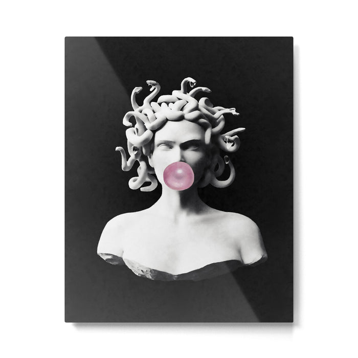 Medusa blowing pink bubblegum bubble Metal Print Gallery Image 1