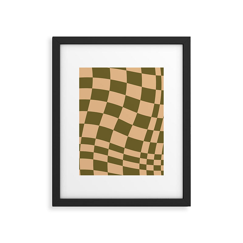 checked wave â peach and olive Framed Art Print Gallery Image 5