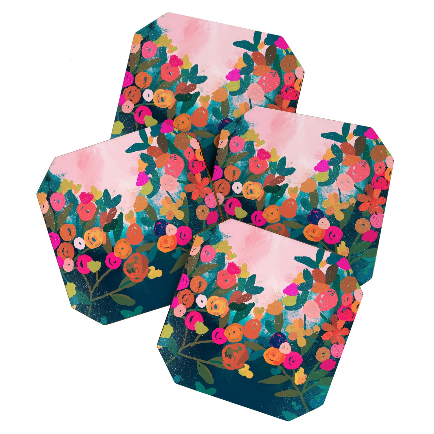 Abstract florals- pink and teal blue Coaster Gallery Image 1