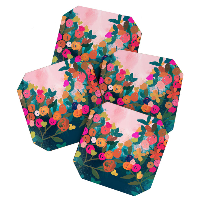 Abstract florals- pink and teal blue Coaster Gallery Image 1