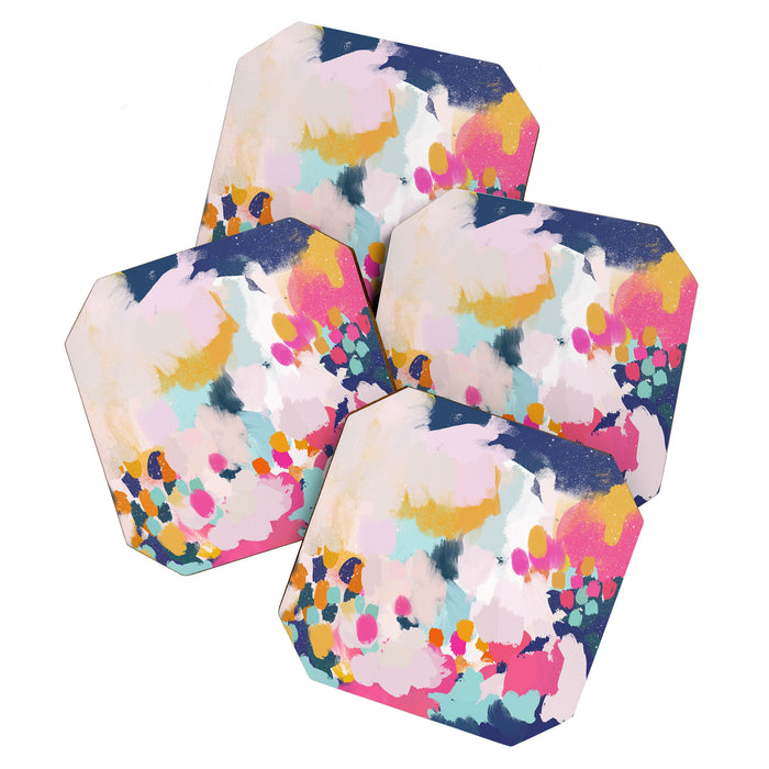 Misty Blooms- abstract - blue , pink and yellow Coaster Gallery Image 1
