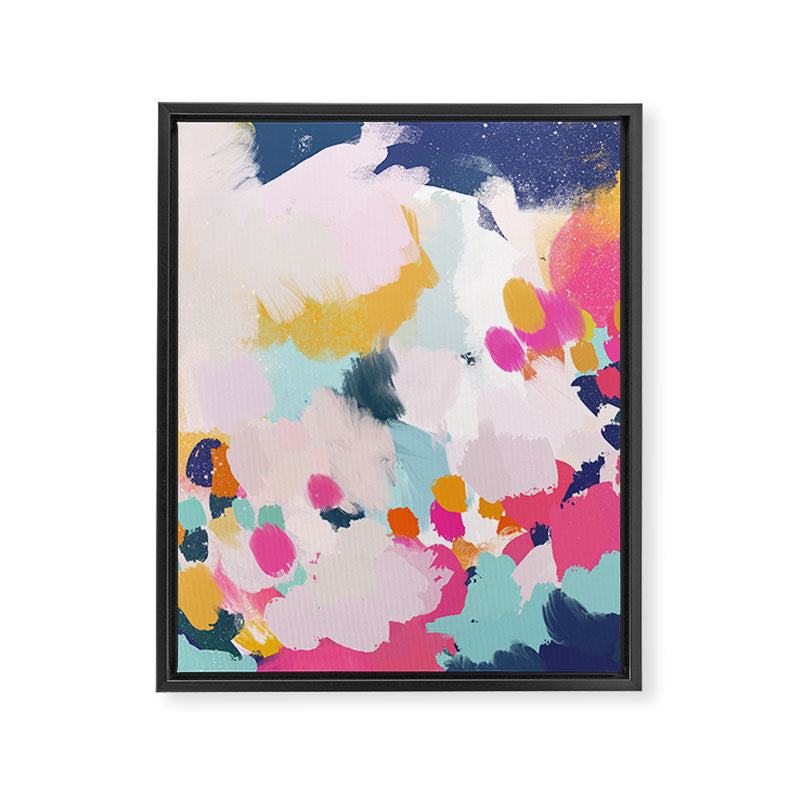 Misty Blooms- abstract - blue , pink and yellow Framed Canvas Print Gallery Image 3