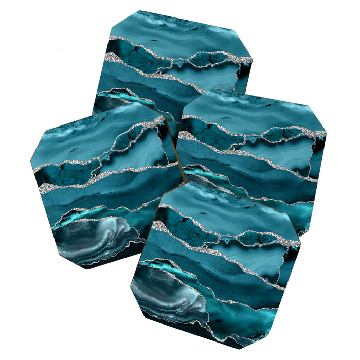 Glamour Turquoise Blue Bohemian Watercolor Marble With Silver Glitter Veins Coaster Gallery Image 1
