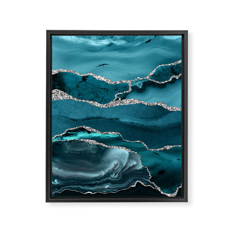 Glamour Turquoise Blue Bohemian Watercolor Marble With Silver Glitter Veins Framed Canvas Print Gallery Image 8