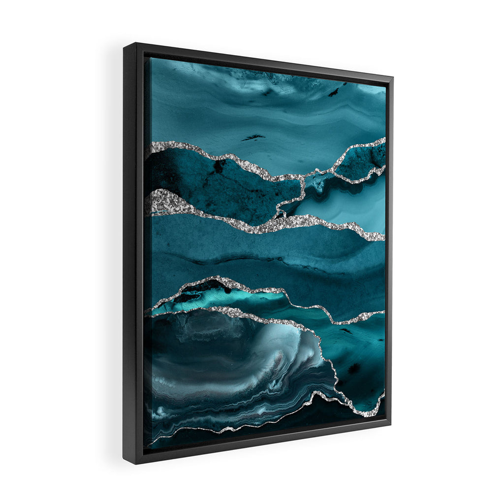 Glamour Turquoise Blue Bohemian Watercolor Marble With Silver Glitter Veins Framed Canvas Print Gallery Image 2