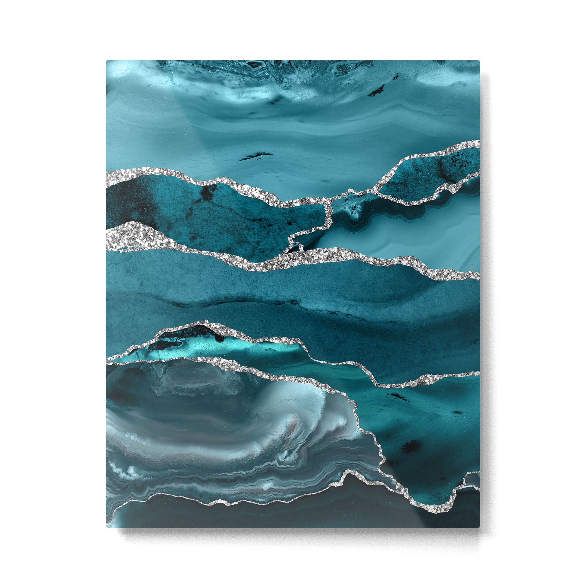 Glamour Turquoise Blue Bohemian Watercolor Marble With Silver Glitter Veins Metal Print Gallery Image 6