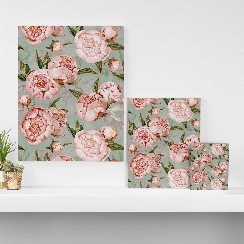 Peach Peonies Watercolor Pattern on Teal Sepia  Canvas Print Gallery Image 3