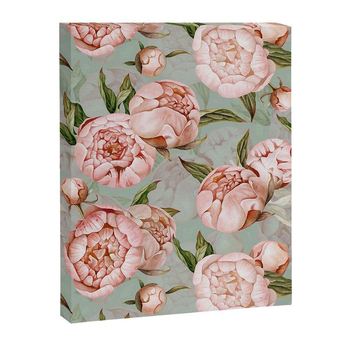 Peach Peonies Watercolor Pattern on Teal Sepia  Canvas Print Gallery Image 1