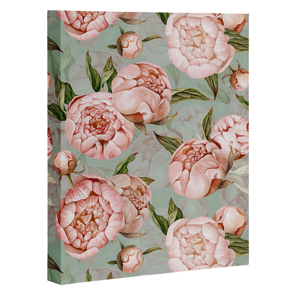 Peach Peonies Watercolor Pattern on Teal Sepia  Canvas Print Gallery Image 3
