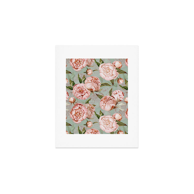 Peach Peonies Watercolor Pattern on Teal Sepia  Art Print Gallery Image 1