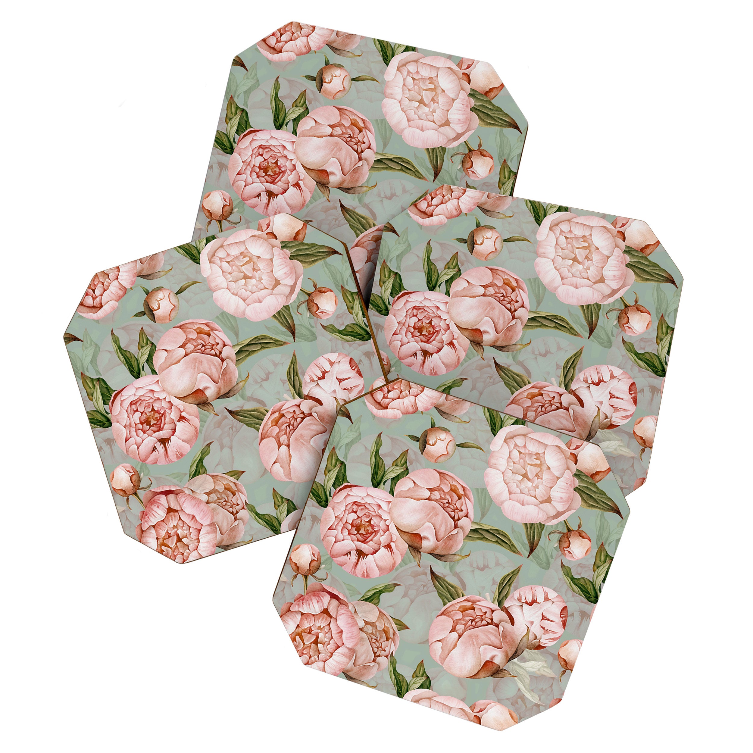 Peach Peonies Watercolor Pattern on Teal Sepia  Coaster Gallery Image 1