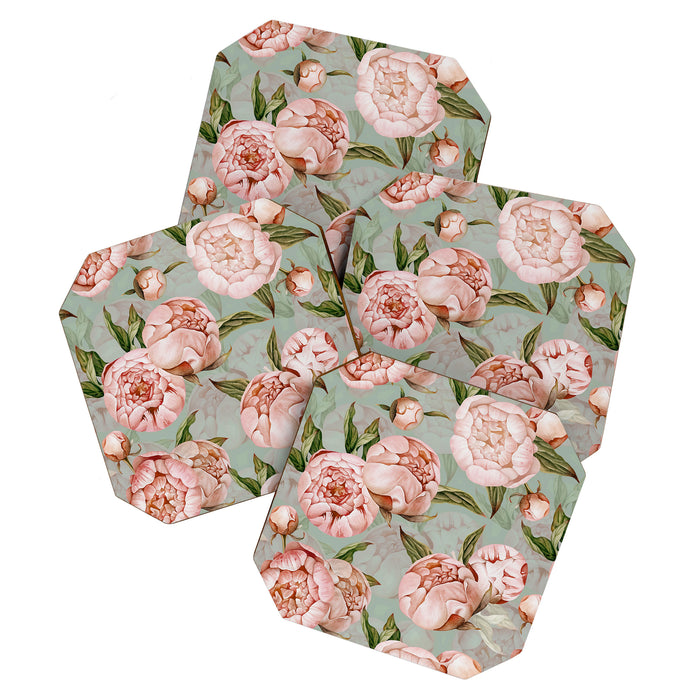 Peach Peonies Watercolor Pattern on Teal Sepia  Coaster Gallery Image 1