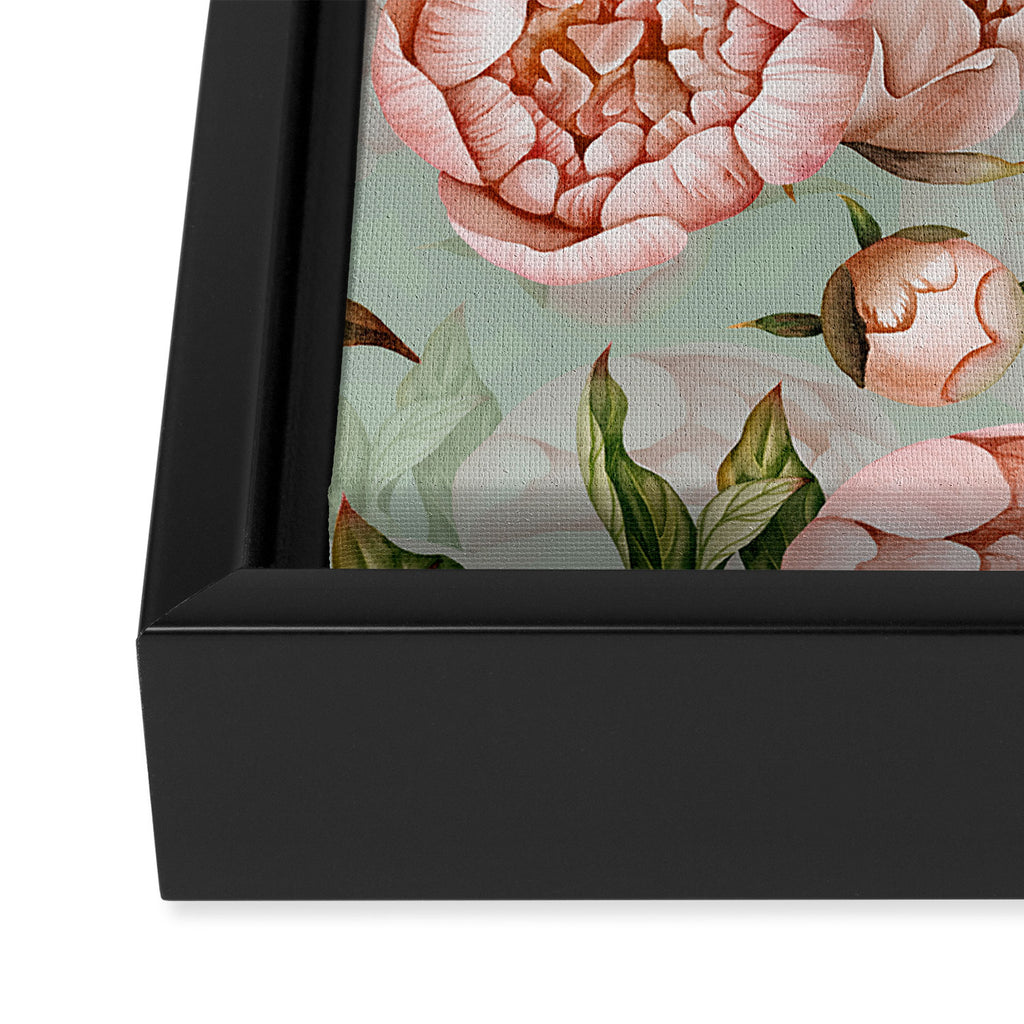 Peach Peonies Watercolor Pattern on Teal Sepia  Framed Canvas Print Gallery Image 3