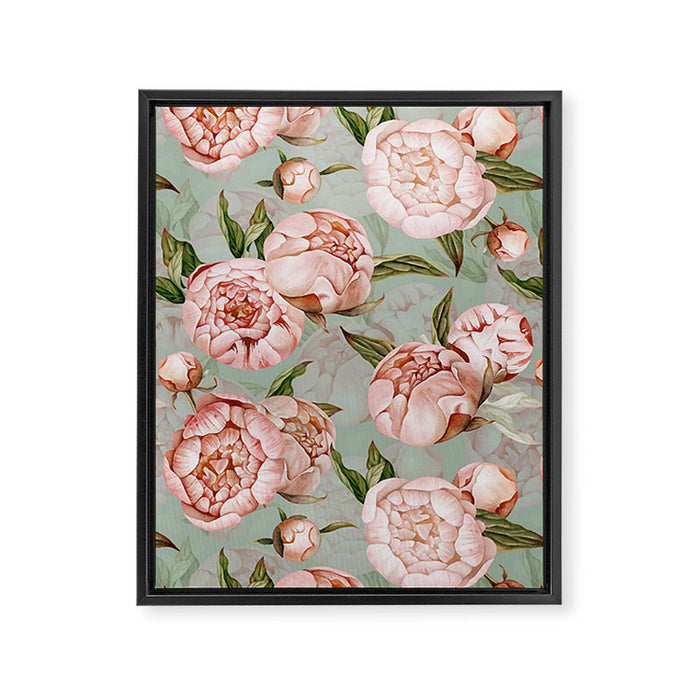 Peach Peonies Watercolor Pattern on Teal Sepia  Framed Canvas Print Gallery Image 1