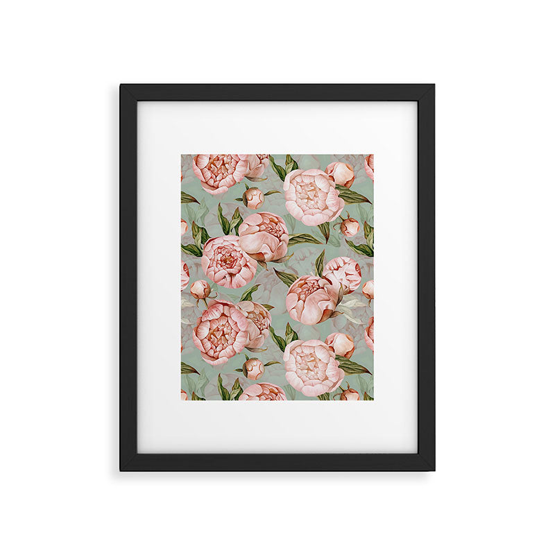 Peach Peonies Watercolor Pattern on Teal Sepia  Framed Art Print Gallery Image 5