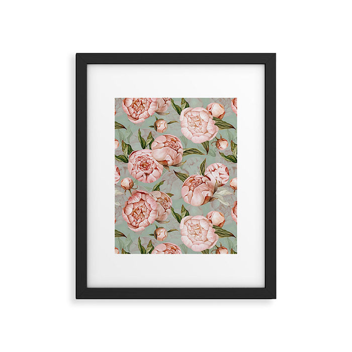 Peach Peonies Watercolor Pattern on Teal Sepia  Framed Art Print Gallery Image 1