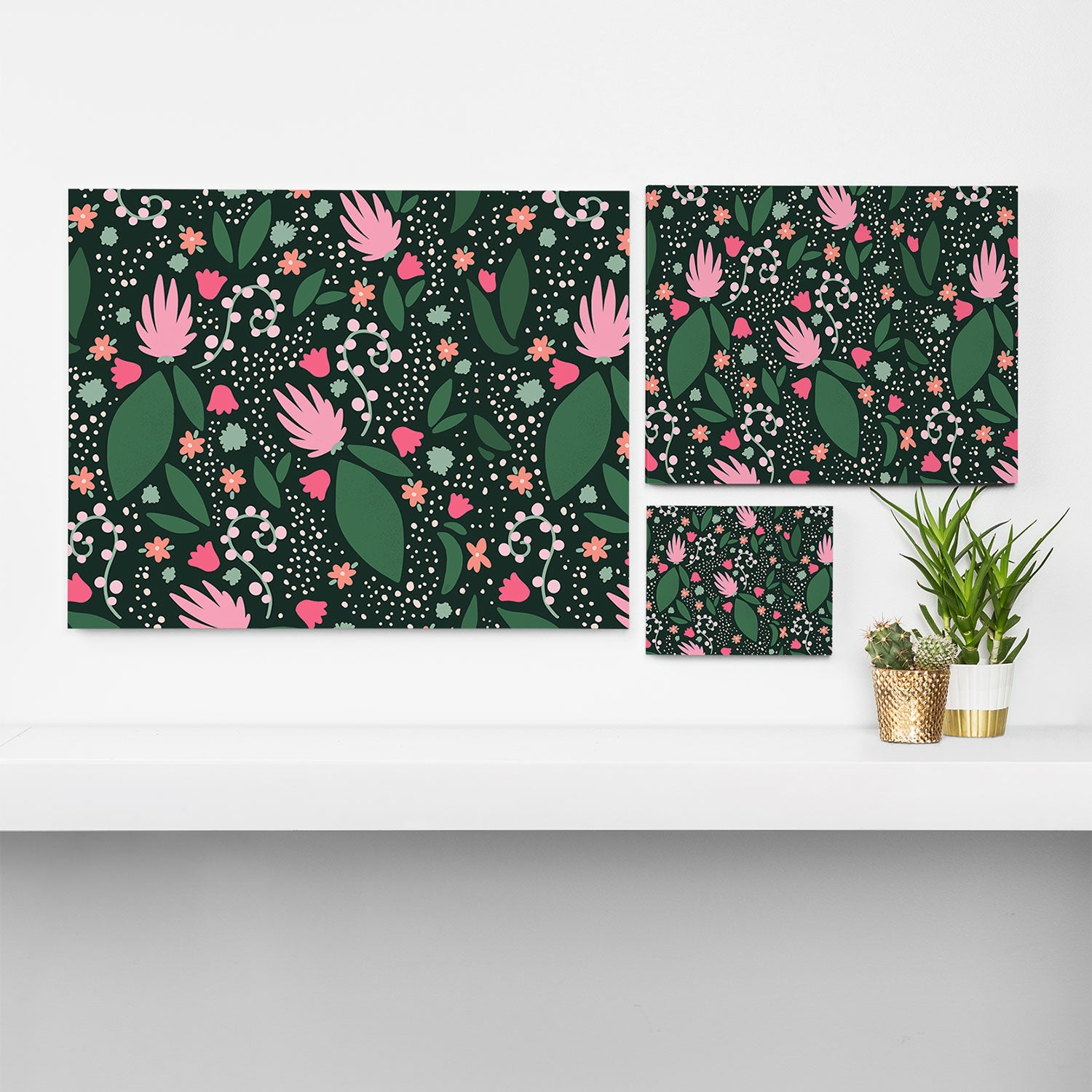 Flowers pattern in pink and green Canvas Print Gallery Image 3