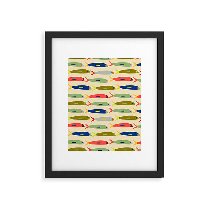 Sardines pattern in red green blue and gray Framed Art Print Gallery Image 1