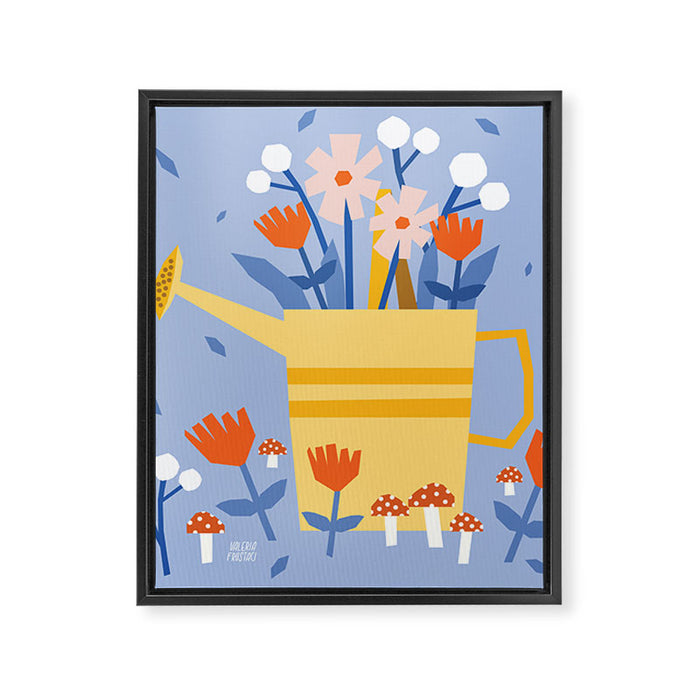 Watering can and flowers Framed Canvas Print Gallery Image 1