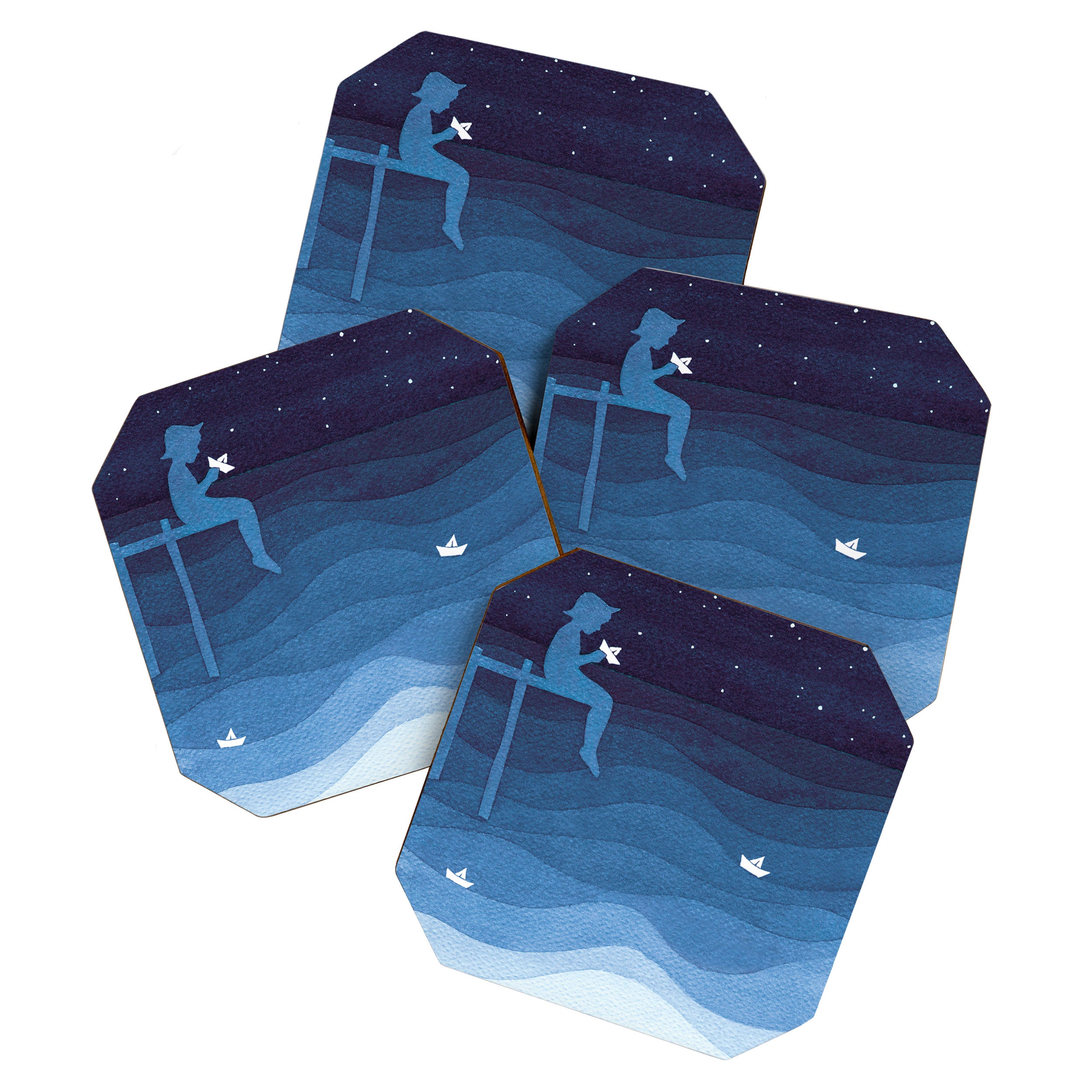 Boy with paper boats, blue Coaster Gallery Image 1
