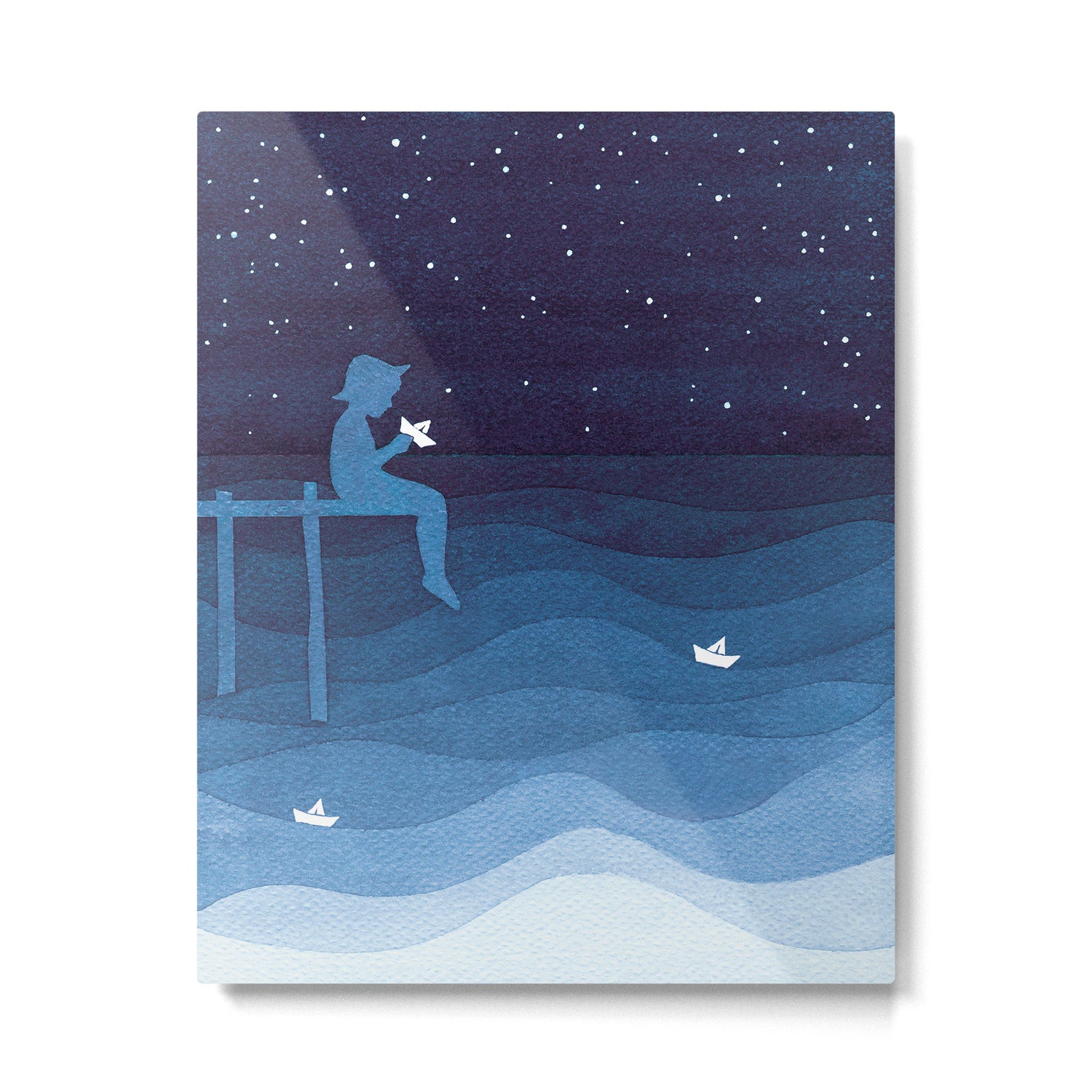 Boy with paper boats, blue Metal Print Gallery Image 4