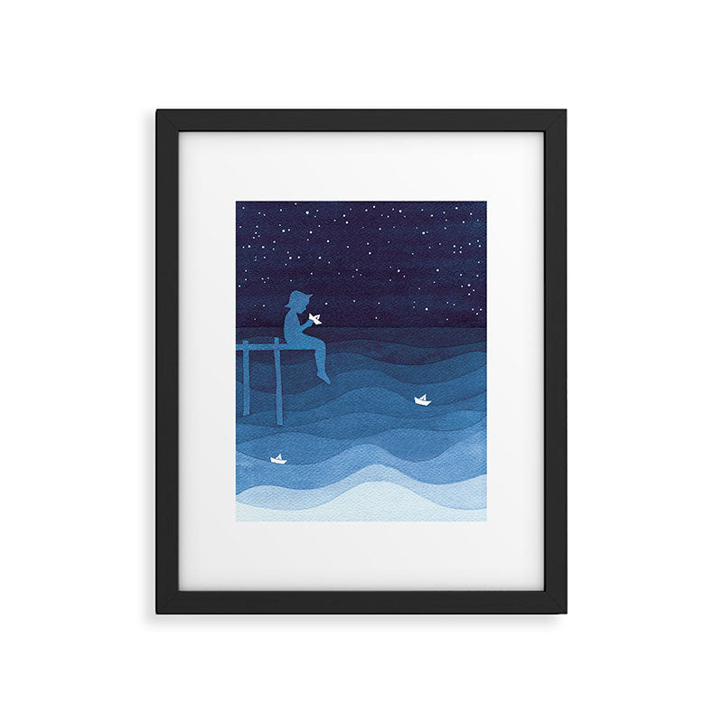 Boy with paper boats, blue Framed Art Print Gallery Image 4