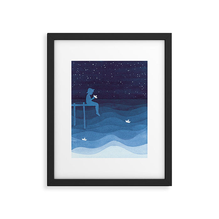 Boy with paper boats, blue Framed Art Print Gallery Image 1