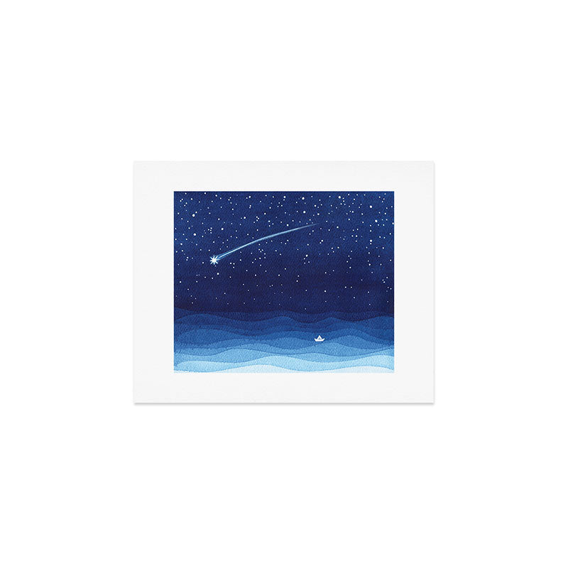 Falling star, shooting star, sailboat ocean waves blue sea Art Print Gallery Image 1