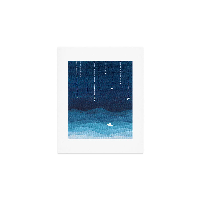 Falling stars, blue, sailboat, ocean Art Print Gallery Image 1