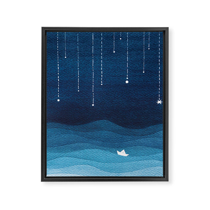 Falling stars, blue, sailboat, ocean Framed Canvas Print Gallery Image 1