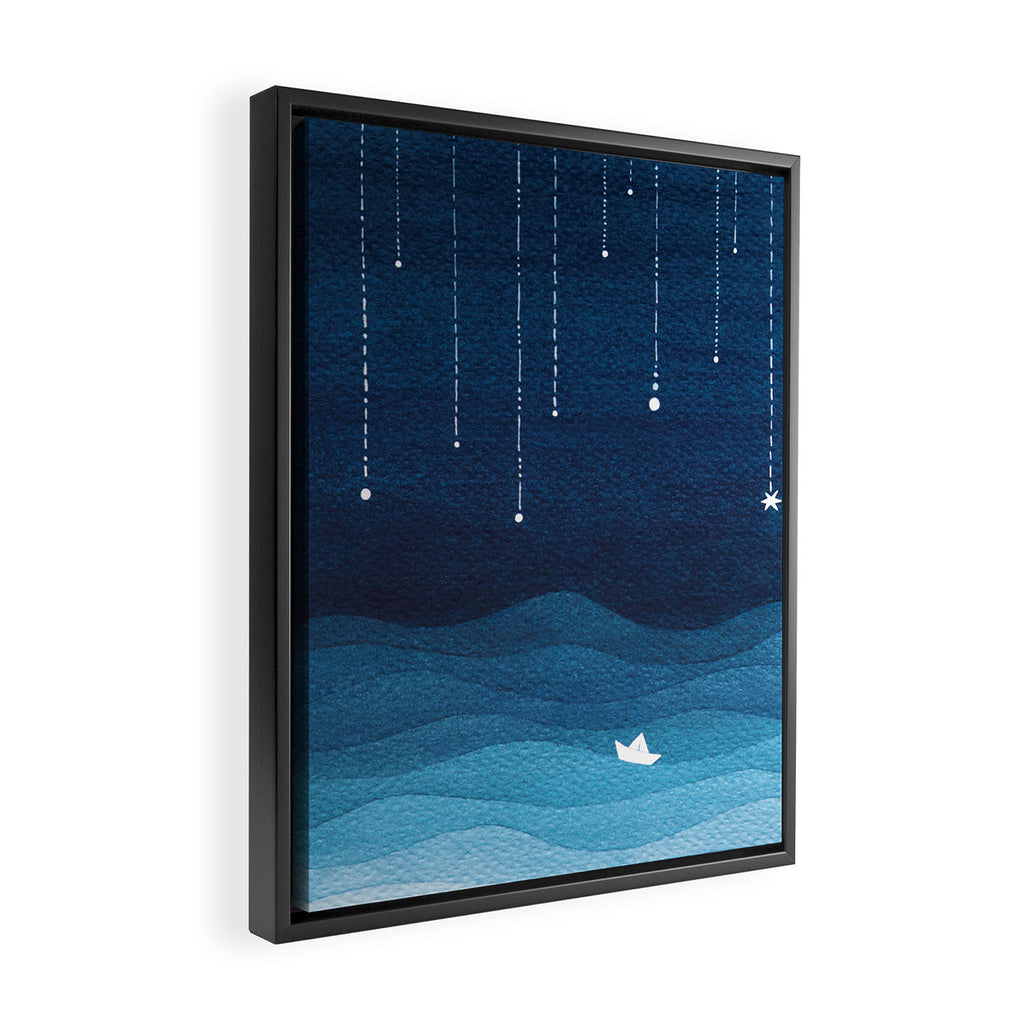 Falling stars, blue, sailboat, ocean Framed Canvas Print Gallery Image 2