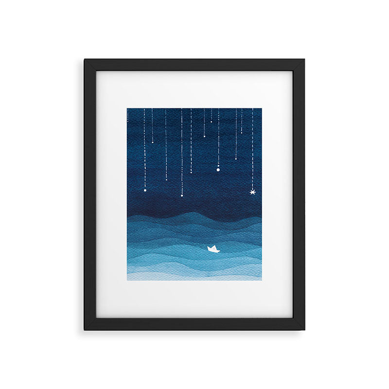 Falling stars, blue, sailboat, ocean Framed Art Print Gallery Image 1