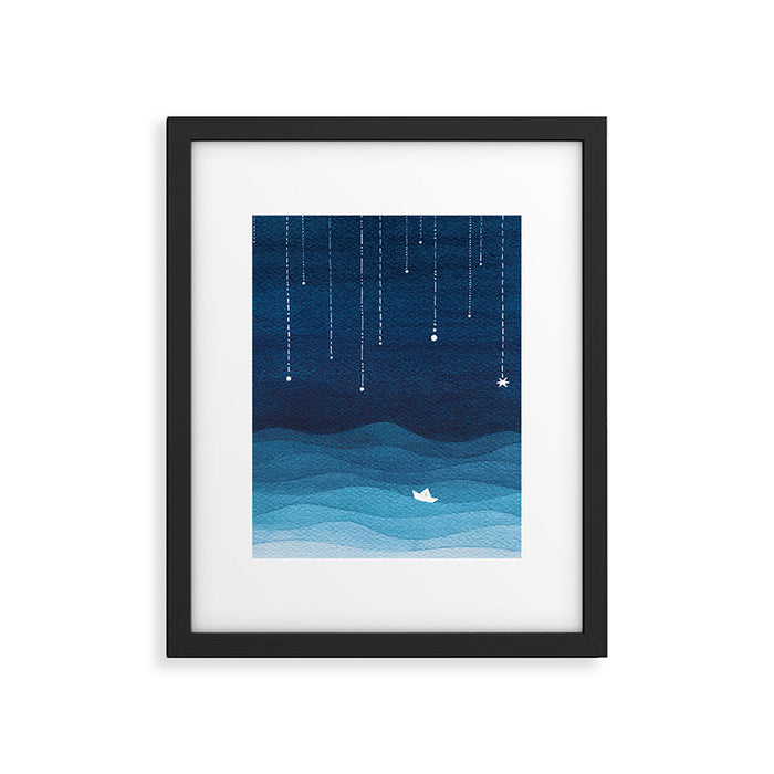 Falling stars, blue, sailboat, ocean Framed Art Print Gallery Image 1