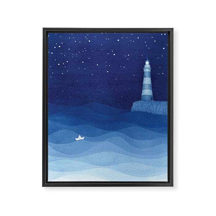 Lighthouse & the paper boat, blue ocean Framed Canvas Print Gallery Image 1