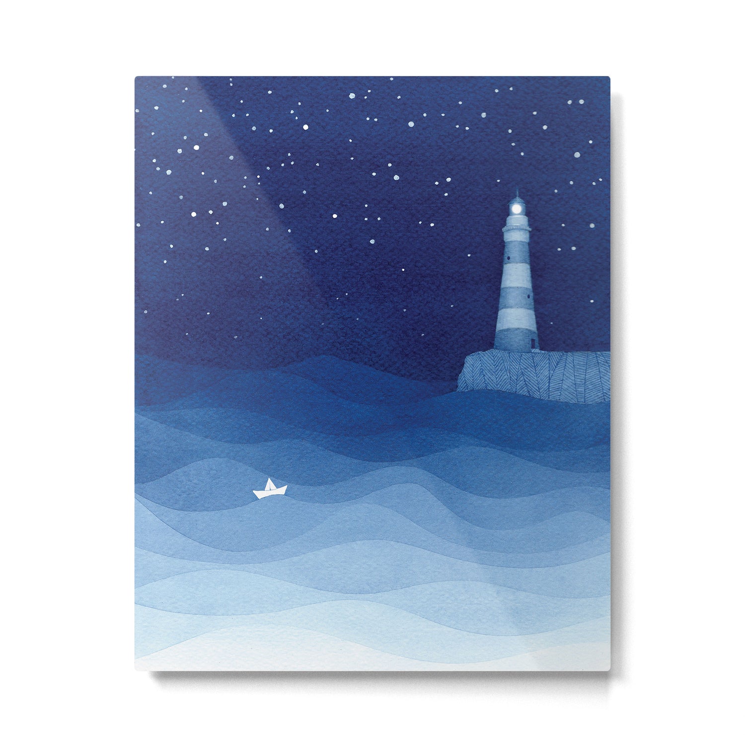 Lighthouse & the paper boat, blue ocean Metal Print Gallery Image 4
