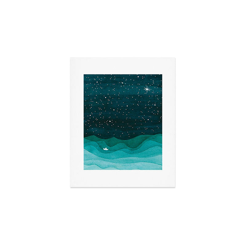 Starry Ocean, teal sailboat watercolor sea waves night Art Print Gallery Image 1