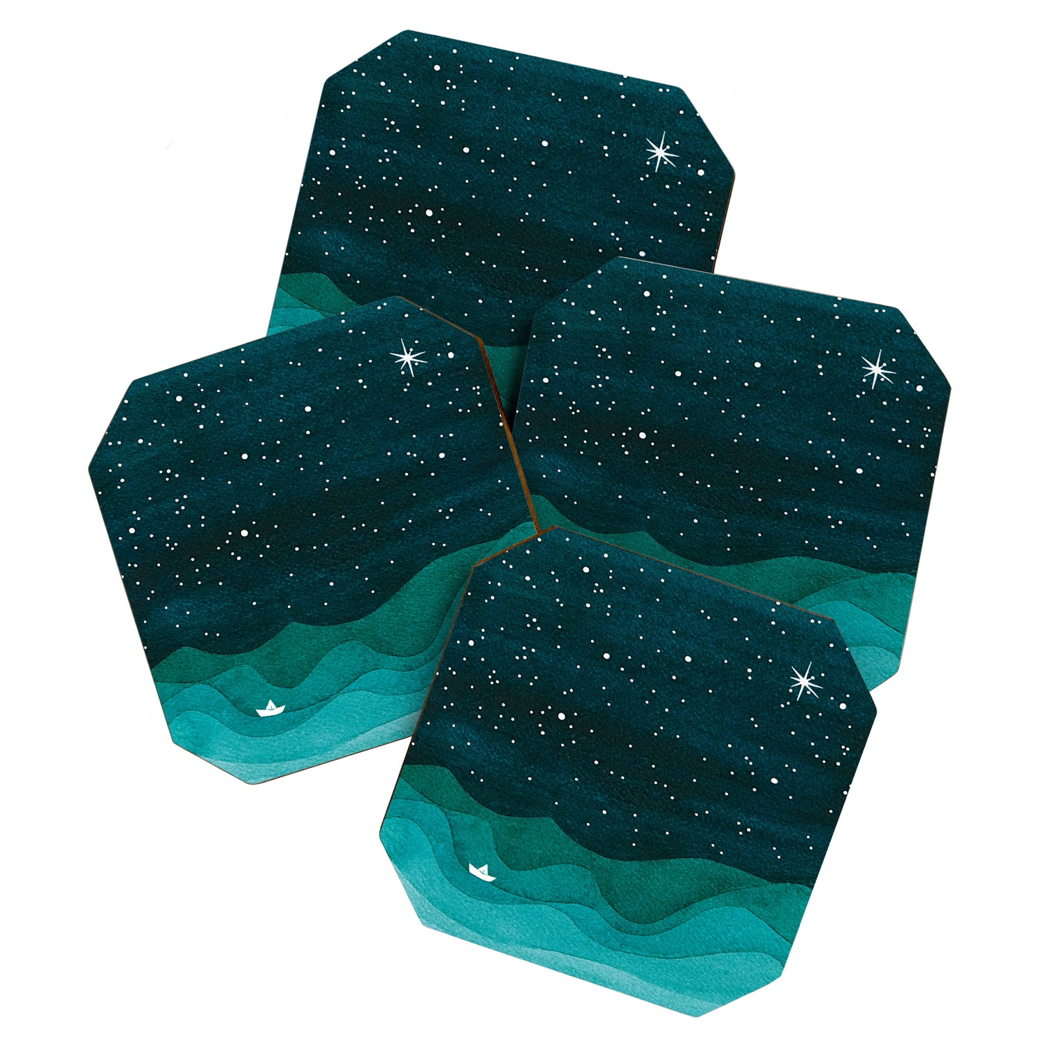 Starry Ocean, teal sailboat watercolor sea waves night Coaster Gallery Image 1