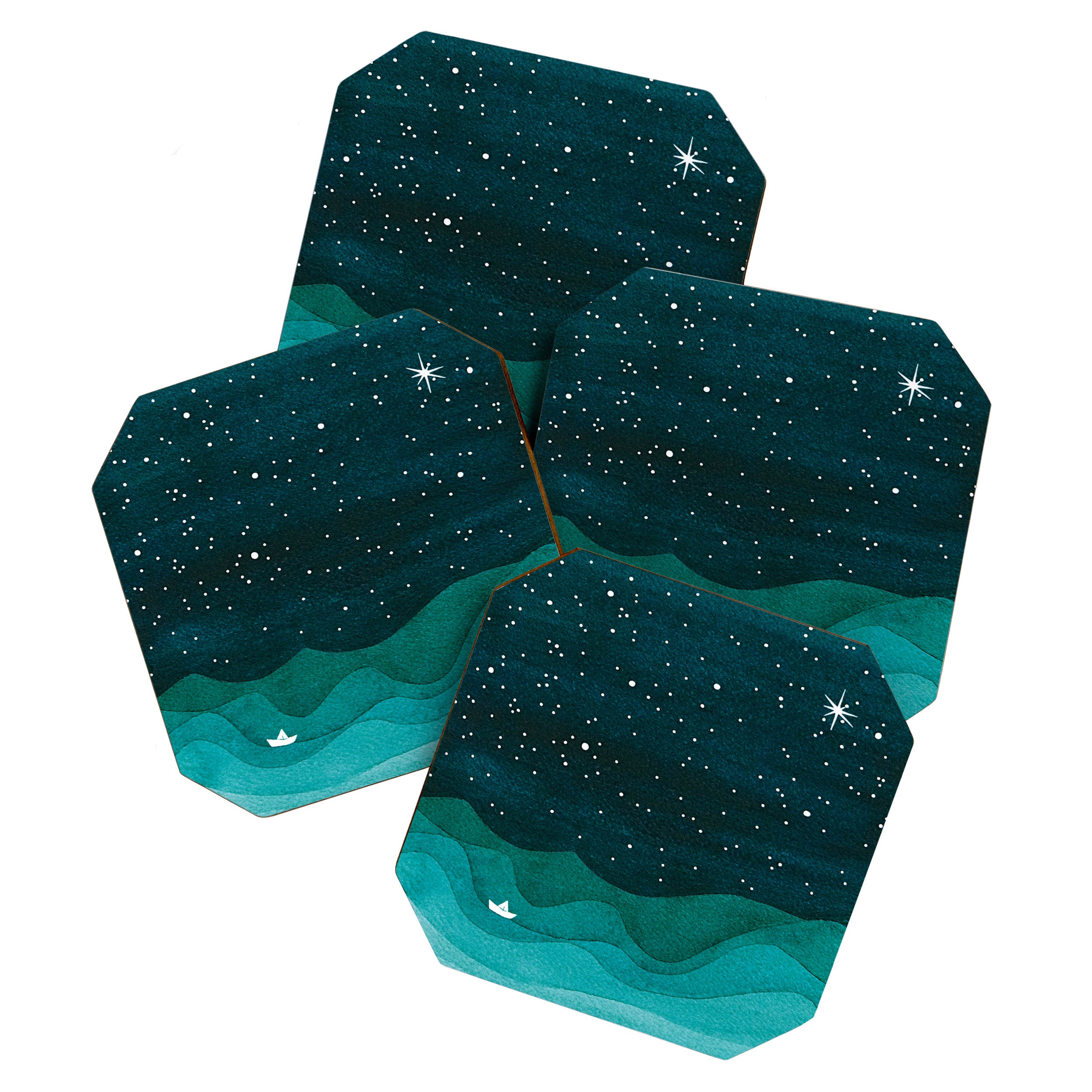 Starry Ocean, teal sailboat watercolor sea waves night Coaster Gallery Image 1