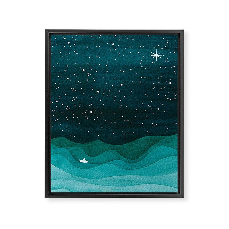 Starry Ocean, teal sailboat watercolor sea waves night Framed Canvas Print Gallery Image 6