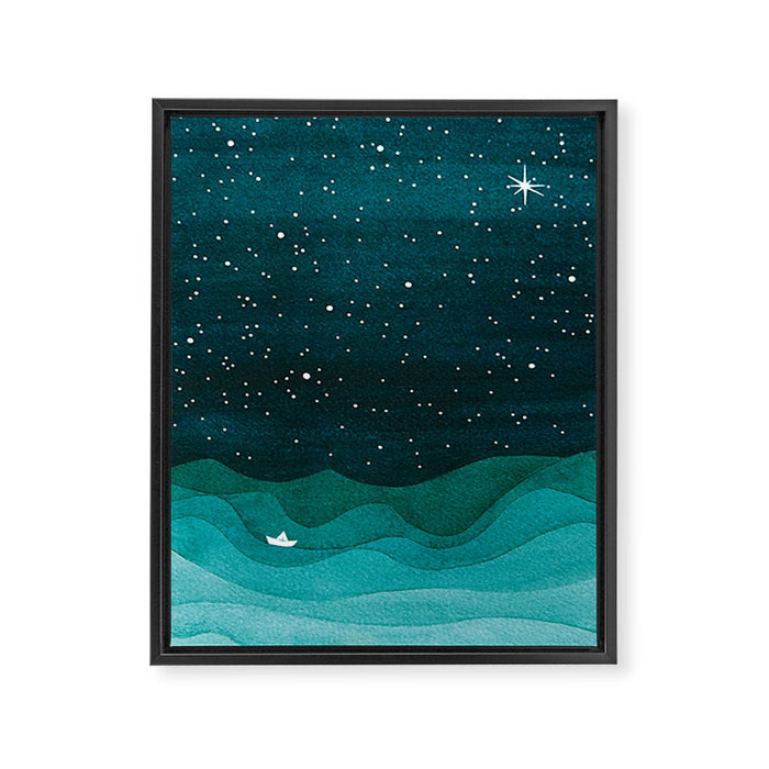 Starry Ocean, teal sailboat watercolor sea waves night Framed Canvas Print Gallery Image 1