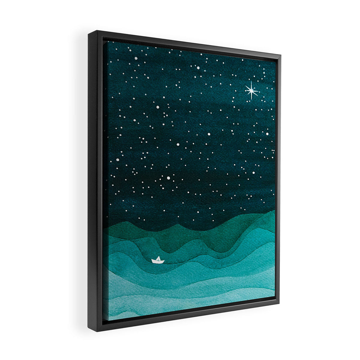 Starry Ocean, teal sailboat watercolor sea waves night Framed Canvas Print Gallery Image 2