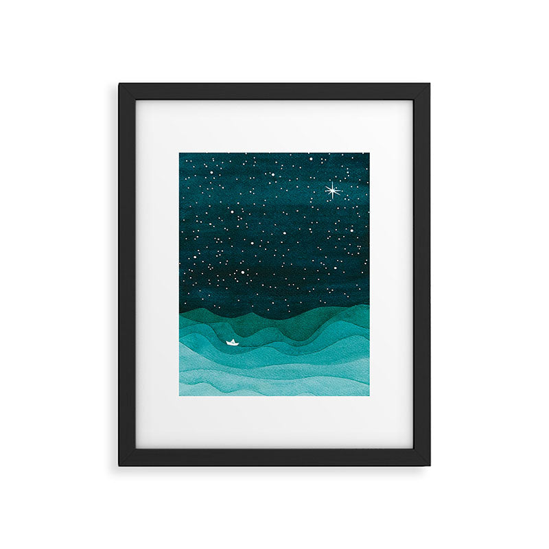 Starry Ocean, teal sailboat watercolor sea waves night Framed Art Print Gallery Image 5